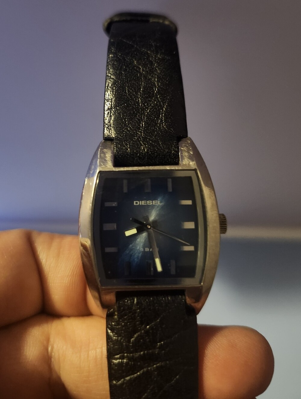 Vintage Diesel DZ1033 Quartz Watch Black Leather Strap Blue Dial EUC